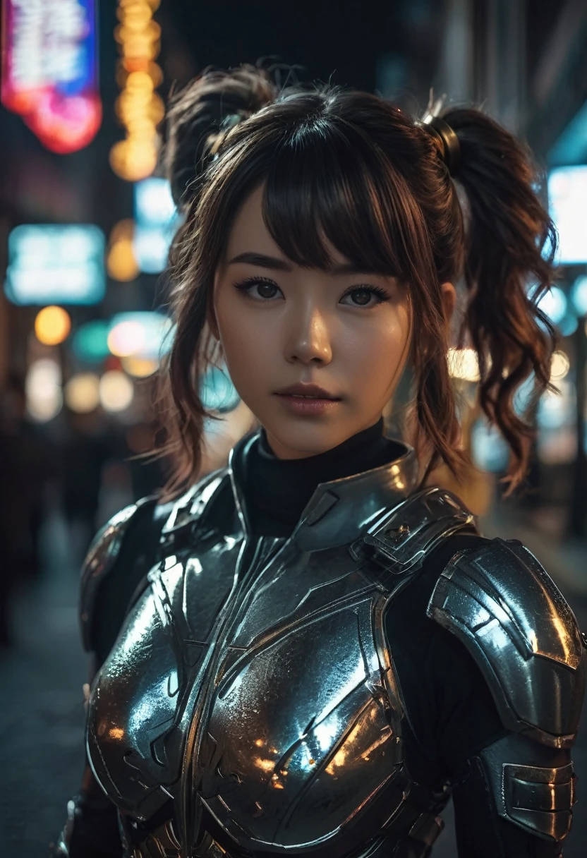 (realistic analog style sharp focus 8k raw photo with soft lighting and high quality:1.1),
(hdr film grain:1.2),movie poster,
a cute woman wearing a shiny (textured:1.2) (intricate:1.2) cyborgcosplay in a dark street at night, (cinematic hairstyle:1.2)