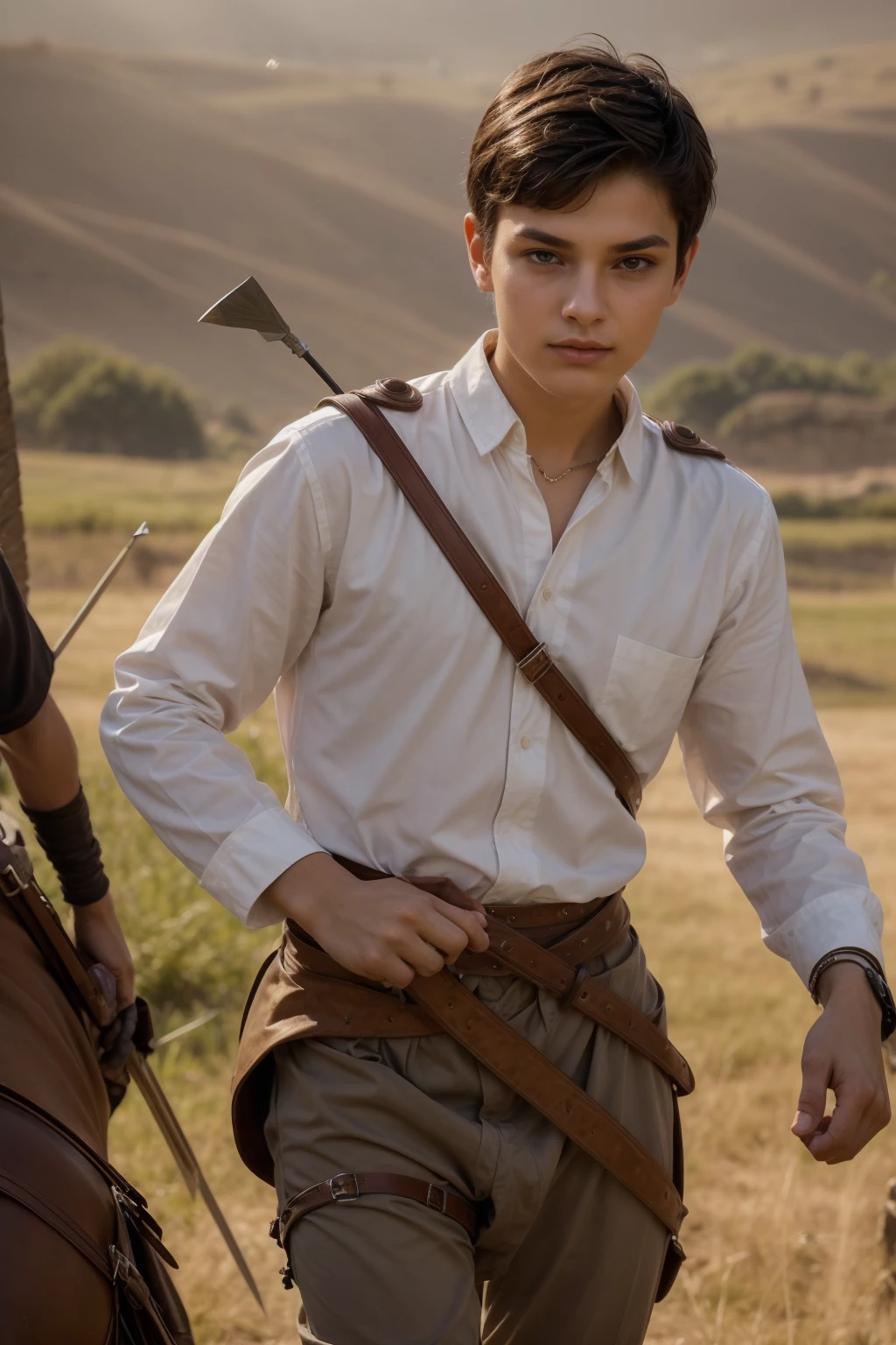 A cute twink male with a face with make-up and black hair. He is wearing a long-sleeved white shirt and brown pants. He is riding a horse and is on the battlefield fighting against the army. He has a sword, shield and arrows in his hand.