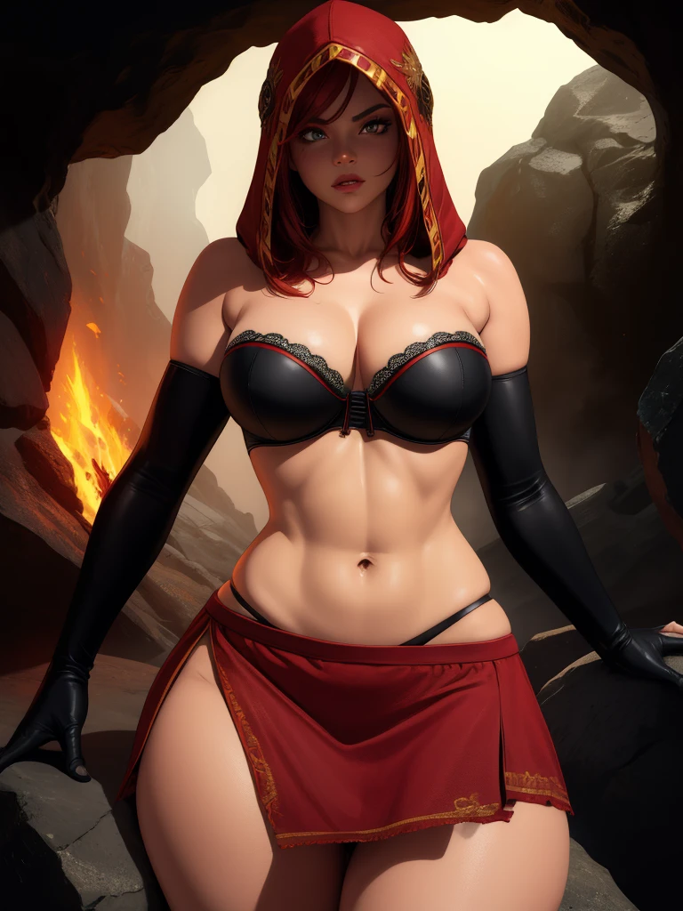 Dsorceress, redhair, shadowy face,dark cave, fire, hood, shadowed face, strapless bra, slim and athletic body, miniskirt, no panty, elbow gloves, dark skin, 1 girl (insanely detailed, masterpiece, best quality)