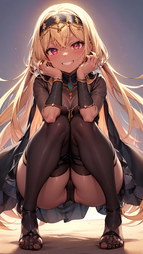 1girl, Angle from below:1.8, The girl bends forward to show off her breasts、legs apart, (Blade), (Tanned shiny black skin:1.6)、Glowing Eyes, ((Sexy evil grin)), ( girl), blondes、Twin tails、forehead、Small breasts, hat, ((((arabian clothes, see-through)), (headband), (Areola Slip), small breasts, (jewelry)))、desert, ((sahara))、foot, ((foot))、(Put your hands behind your head)、arm pits, (Ass), (foot), Ass, (squat)、front, dagger、((footjob)),