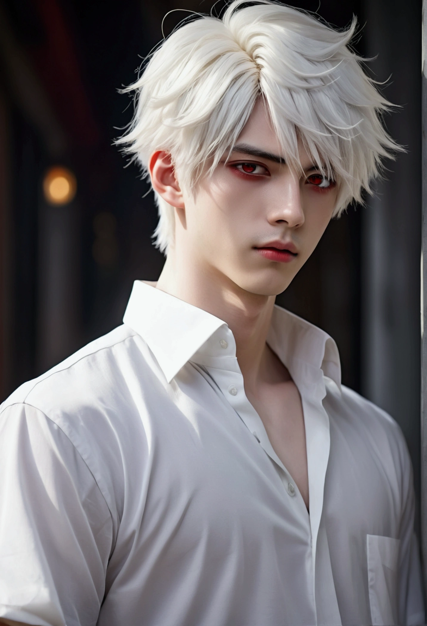 A boy with short white hair., Red eyes, pale skin, elegant, attractive, wearing a loose white shirt. ((High anime quality)), ((suave))