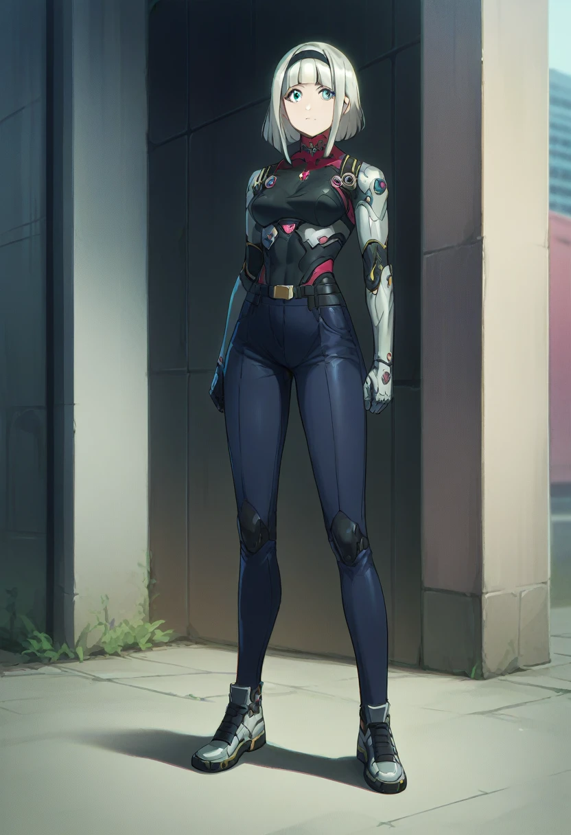 Anna nishikinomiya with the same body as a woman but with black iron armor from the torso to the feet, Cyborg style robotics showing full body (slim), in a raining alley of a cyberpunk city 