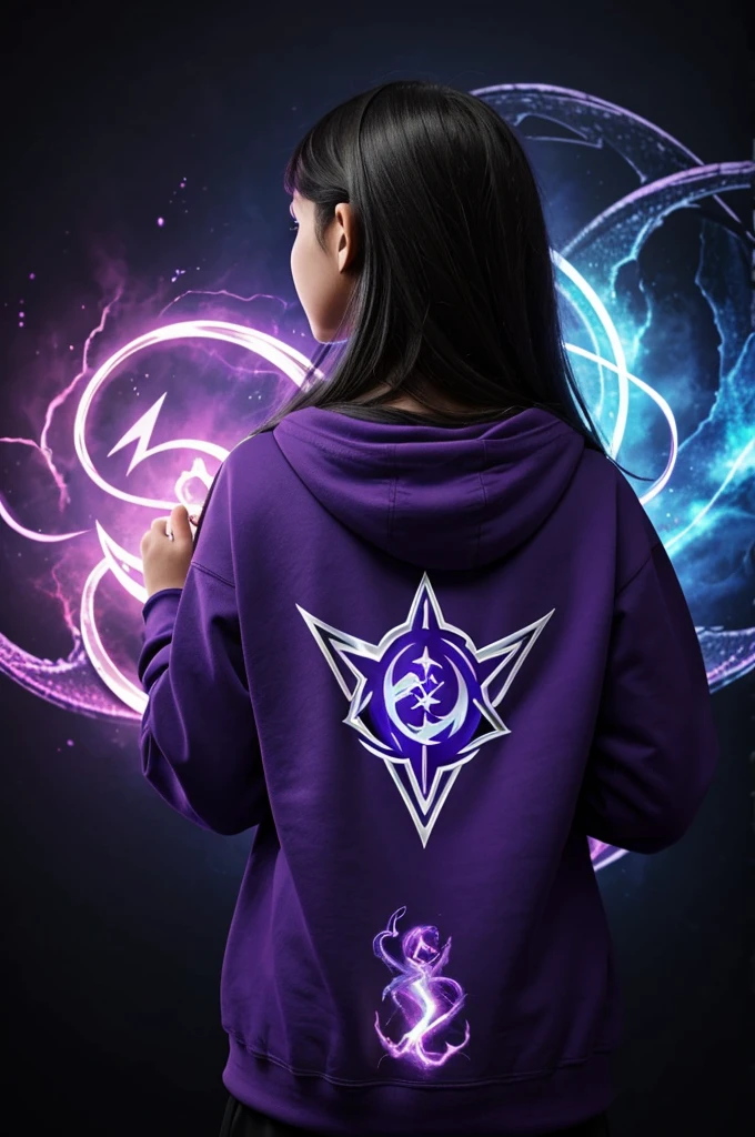 Girl from the back whose face cannot be seen holding a wizard symbol in her hands and a purple and blue dragon logo sweatshirt with a dragon in the background, gamer and gaming video creator, many lights and flashes of magic, like in a magical world, purple background
