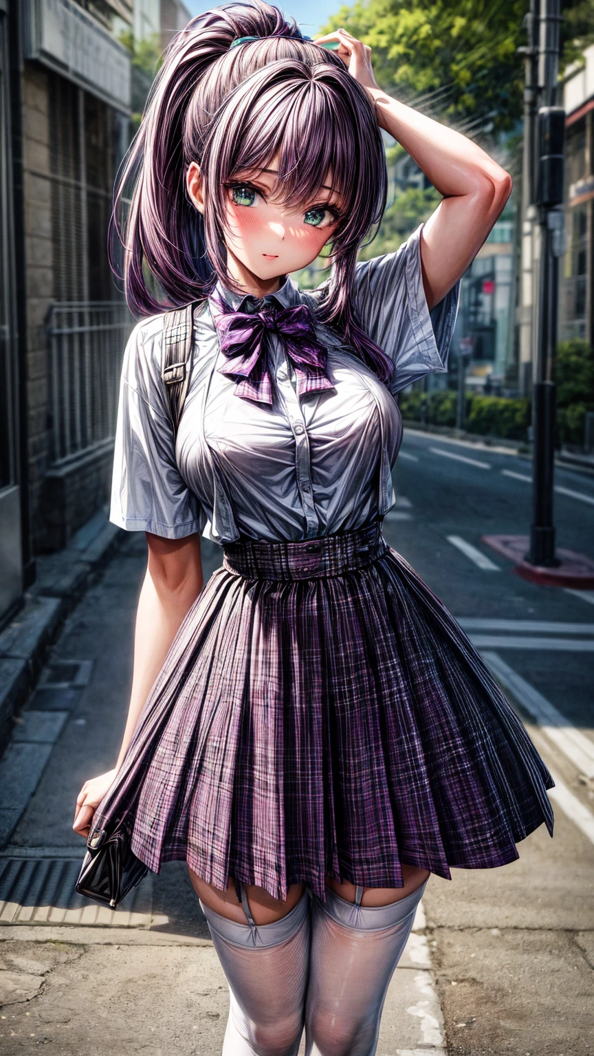 1girl,masterpiece,best quality,purple hair,(ponytails),green eyes,(white stockings),(purple plaid skirt),short skirt,standing,in full length,medium breasts,white t shirt,in front of streets,extremely detailed,[[realistic]],beautiful alluring anime ,seductive anime girl,waving skirt