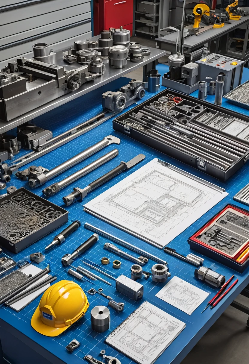 An engineering workbench is filled with carefully arranged machined metal parts. Spread out on the workbench are several detailed technical drawings, with clearly visible lines and dimensions. Alongside the drawings, various metrological tools such as calipers, micrometers and gauges are arranged, ready for use. The background of the image should show a workshop environment, with machines and machining equipment in the background, highlighting the industrial and technical environment.
