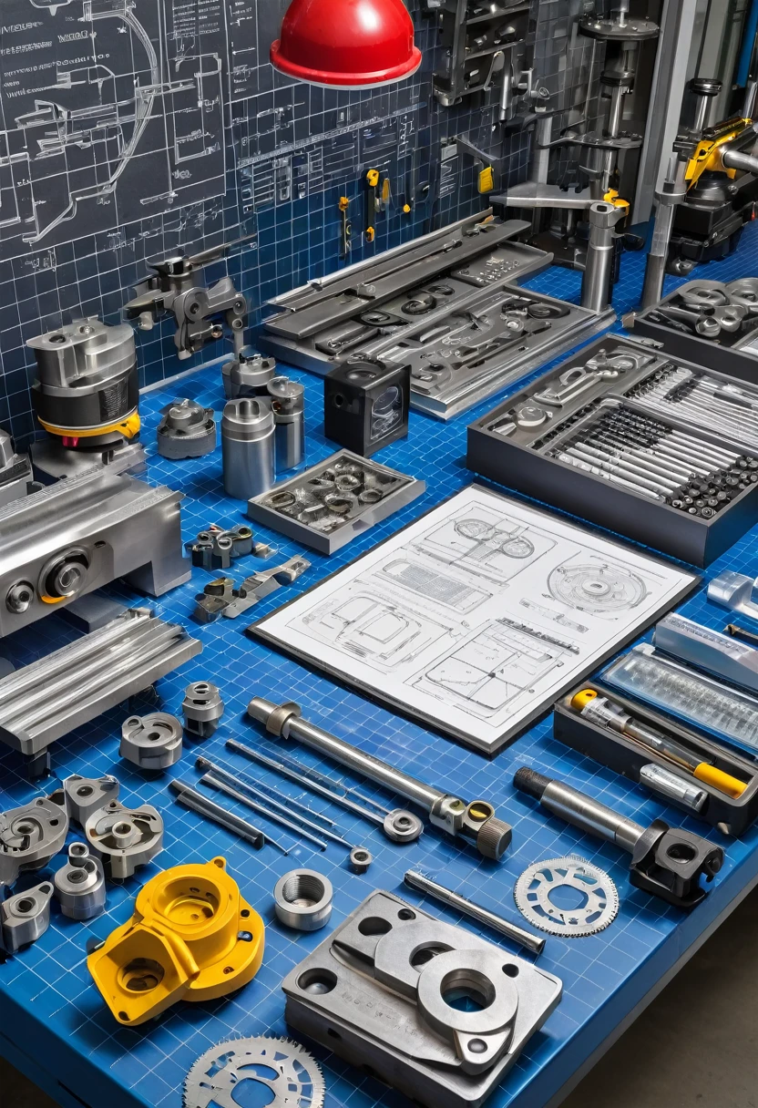 An engineering workbench is filled with carefully arranged machined metal parts. Spread out on the workbench are several detailed technical drawings, with clearly visible lines and dimensions. Alongside the drawings, various metrological tools such as calipers, micrometers and gauges are arranged, ready for use. The background of the image should show a workshop environment, with machines and machining equipment in the background, highlighting the industrial and technical environment.