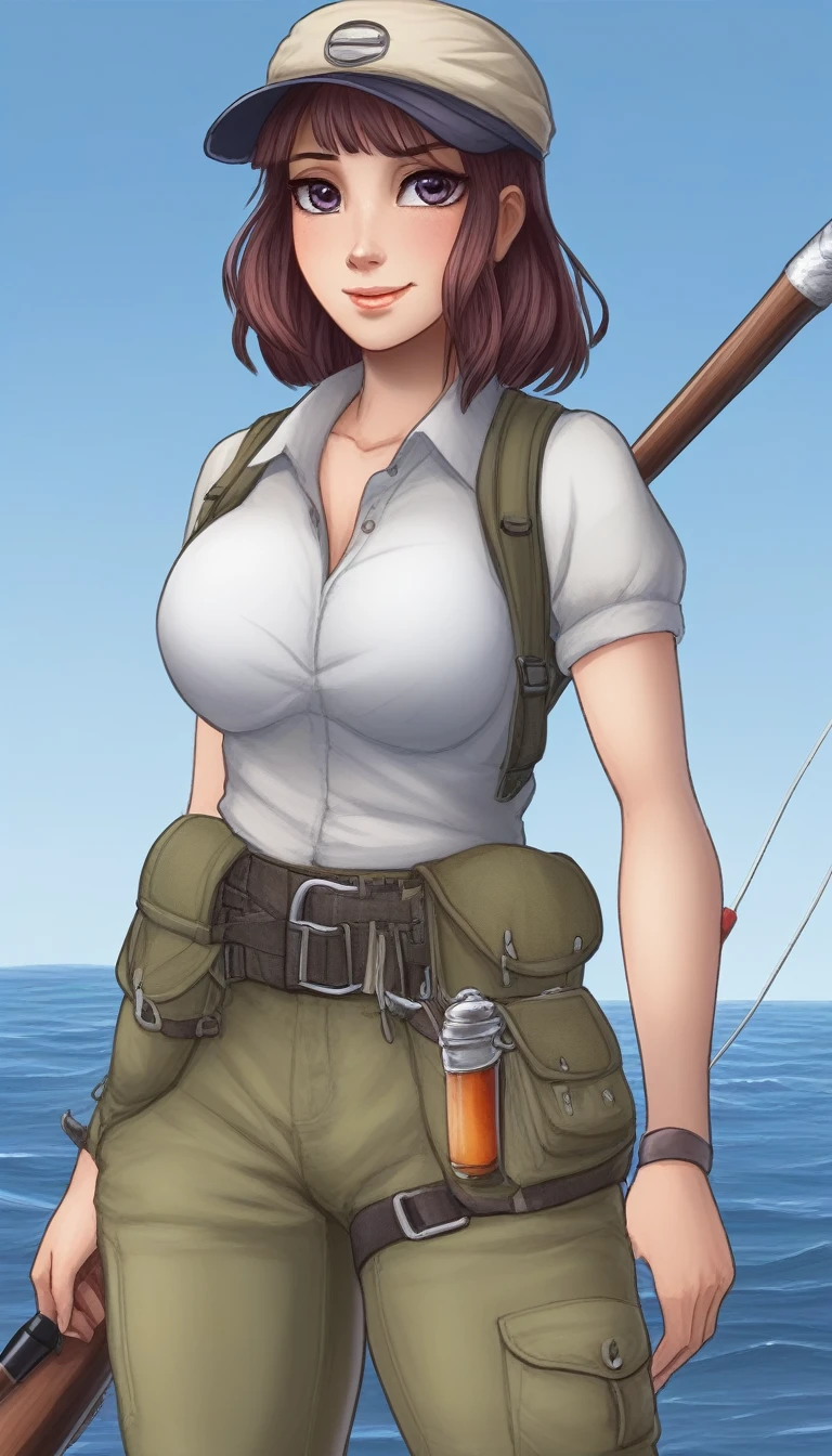 female fisherman character. facial features, hair and eyes. Detail your practical and comfortable clothing choices, including your white t-shirt, olive green cargo pants, navy blue vest, and rubber boots. Bo, ~*~aesthetic~*~, *~cinematic~*~ (masterpiece, top quality, best quality, official art, beautiful and aesthetic:1.2), (1girl), extremely detailed,(fractal art:1.1),(colorful:1.1) highest detailed,(zentangle:1.2) 2D, waifu