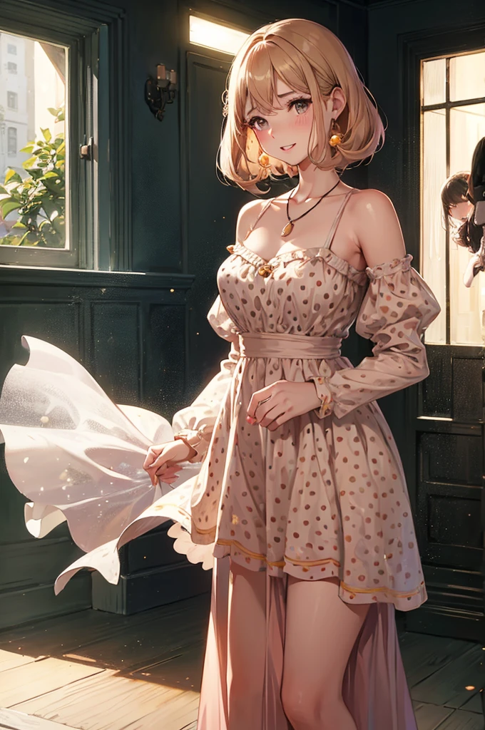 realisitic, 1 girl, 60s hair, parted lips, blush, make up, drlight smile, russet hair, dress with polka dots, flowing clothes, sheen, black eye, bared shoulders, clavicle, narrow waisted, ray of sunlight, lighting sun, Tuuli, neckleace, (work of art), sweat,