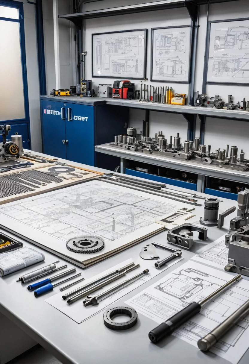 An engineering workbench is filled with carefully arranged machined metal parts. Spread out on the workbench are several detailed technical drawings, with clearly visible lines and dimensions. Alongside the drawings, various metrological tools such as calipers, micrometers and gauges are arranged, ready for use. The background of the image should show a workshop environment, with machines and machining equipment in the background, highlighting the industrial and technical environment.