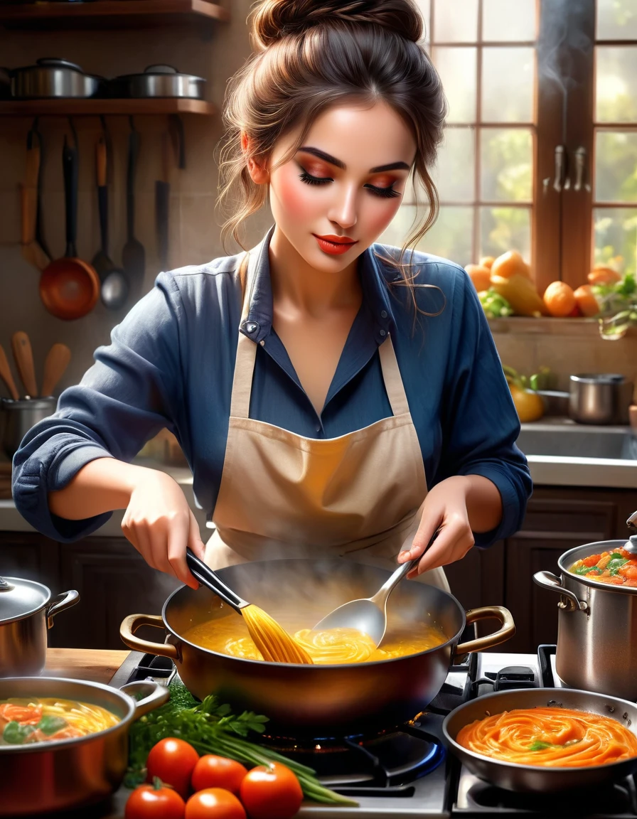 a woman cooking a meal in the kitchen, intricate details, highly realistic, cinematic lighting, warm color tones, cooking utensils, prepared ingredients, steam coming from the pots, focused expression on the woman's face, beautiful detailed eyes, beautiful detailed lips, extremely detailed eyes and face, long eyelashes, 1 woman, oil painting, photorealistic, 8k, best quality, masterpiece, ultra-detailed, physically-based rendering, professional, vivid colors