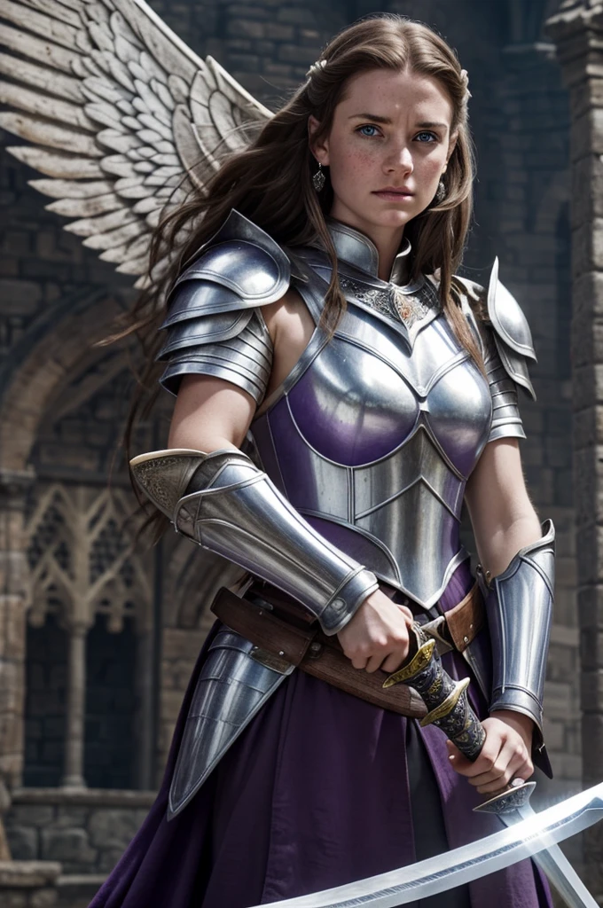 Setting set in medieval times.
Beautiful white-skinned woman with freckles with huge gray wings, with a small violet diamond embedded in his forehead of brown hair, with an angry face, in armor holding a great sword, his sword radiates a violet light