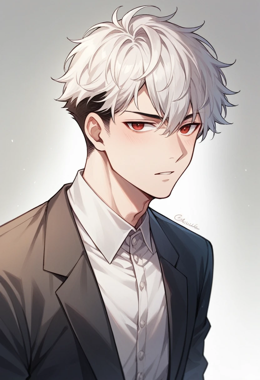 A boy with short white hair., Red eyes, pale skin, elegant, attractive, wearing a loose white shirt. ((High anime quality)), ((suave))