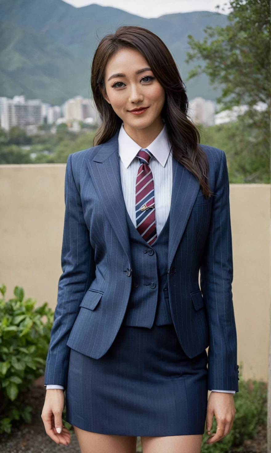 a beautiful picture of fukuharaXL ,woman,detailed skin texture,masterpiece, photorealistic, light, RAW color photo,(fully in frame:1.1), (blush:0.5), (goosebumps:0.5),(((navy pinstripe silk skirt suit))), (((three-piece suit))), (((light blue dress shirt with white collar))), (((necktie))), (((blazer))), (((suit jacket))), ((waistcoat)), double-breasted waistcoat, (((bodycon miniskirt))), pocket square, cufflinks, tie clip,detailed face,outdoors, (smile:0.5), film grain,cinematic lightning,fujifilm ,detailed eyes,camera, smile, office background, hair down, makeup, lipstick, mascara, eyeliner, eyeshadow, silky glossy hair,