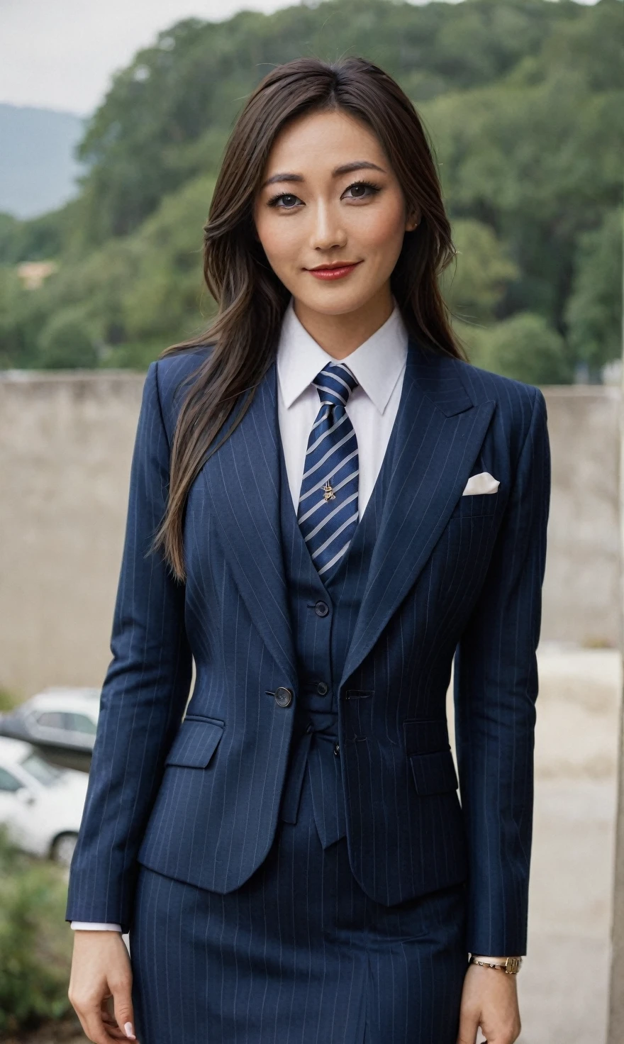 a beautiful picture of fukuharaXL ,woman,detailed skin texture,masterpiece, photorealistic, light, RAW color photo,(fully in frame:1.1), (blush:0.5), (goosebumps:0.5),(((navy pinstripe silk skirt suit))), (((three-piece suit))), (((light blue dress shirt with white collar))), (((necktie))), (((blazer))), (((suit jacket))), ((waistcoat)), double-breasted waistcoat, (((bodycon miniskirt))), pocket square, cufflinks, tie clip,detailed face,outdoors, (smile:0.5), film grain,cinematic lightning,fujifilm ,detailed eyes,camera, smile, office background, hair down, makeup, lipstick, mascara, eyeliner, eyeshadow, silky glossy hair,