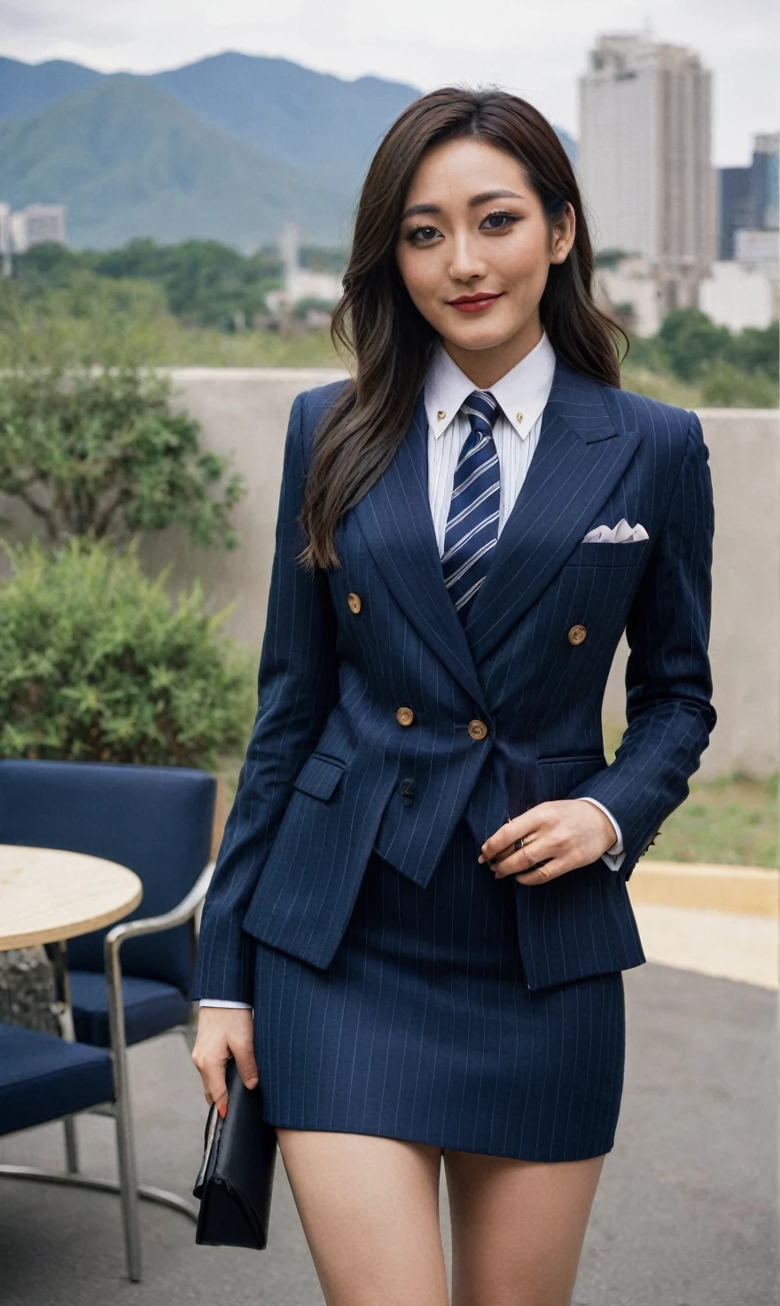 a beautiful picture of fukuharaXL ,woman,detailed skin texture,masterpiece, photorealistic, light, RAW color photo,(fully in frame:1.1), (blush:0.5), (goosebumps:0.5),(((navy pinstripe silk skirt suit))), (((three-piece suit))), (((light blue dress shirt with white collar))), (((necktie))), (((blazer))), (((suit jacket))), ((waistcoat)), double-breasted waistcoat, (((bodycon miniskirt))), pocket square, cufflinks, tie clip,detailed face,outdoors, (smile:0.5), film grain,cinematic lightning,fujifilm ,detailed eyes,camera, smile, office background, hair down, makeup, lipstick, mascara, eyeliner, eyeshadow, silky glossy hair,