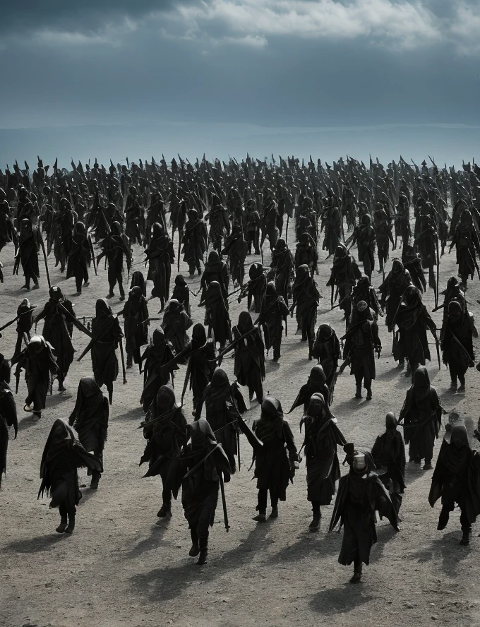 (((dark figures))), (((army))) of dark figures, (((many))) dark figures, marching ((toward the camera)), (barren landscape)