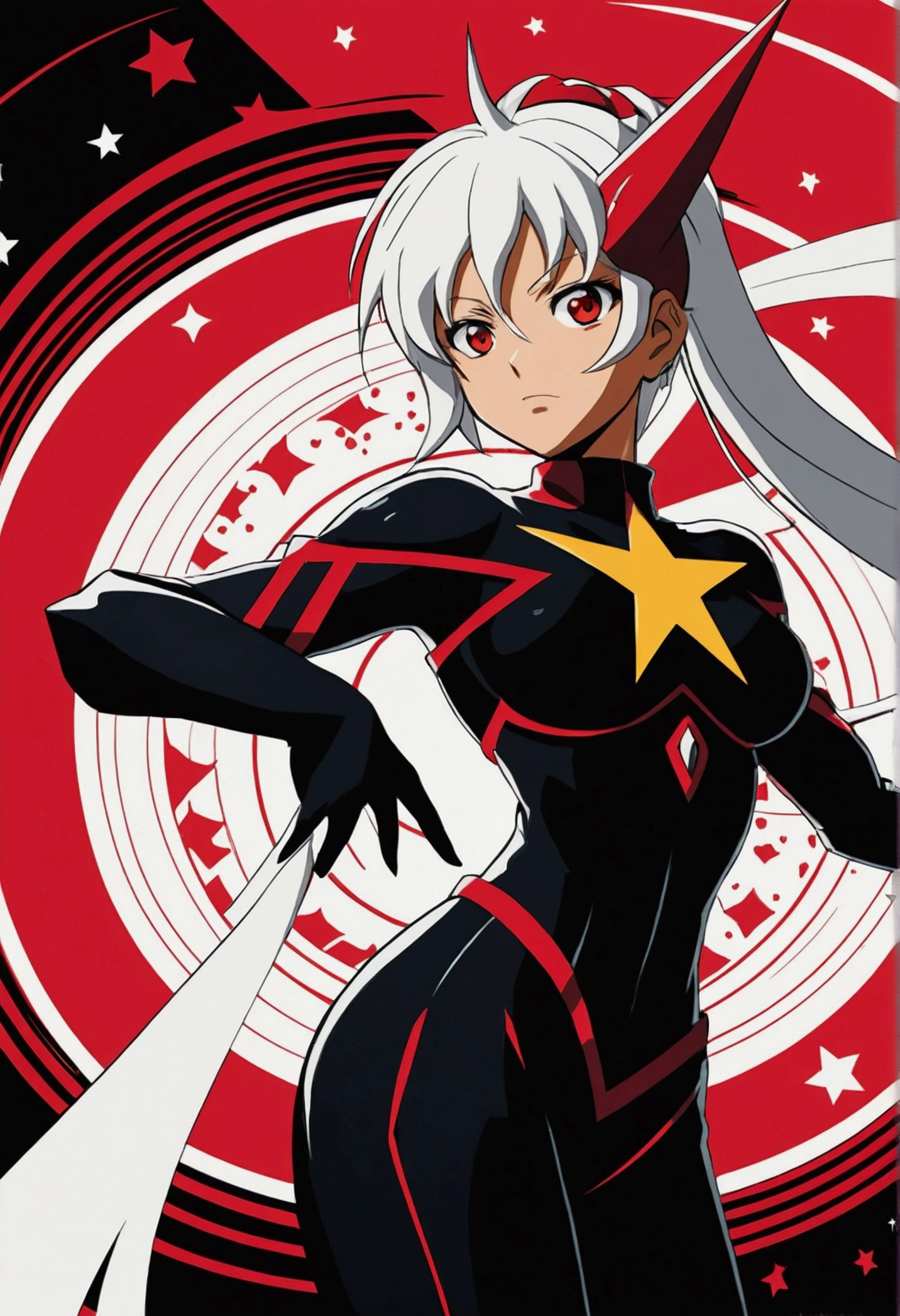 Anime Girls、Dynamic pose、Silhouette of the central character。Digital Illustration。red、black、White color scheme。Dramatic composition、Multiple Character Layers。Abstract background、Swirling red pattern。Contrasting white lines、Sharp angle。Yellow star symbol in the center。Glowing white eyes of character in foreground。Manga style shading、Flat color areas。High contrast lighting。Artist：Tengen Toppa Gurren Lagann&#39;s Style、Anniversary anthology cover art。Bold graphic design、Symmetrical layout。Action-packed scenes、Energetic linework。