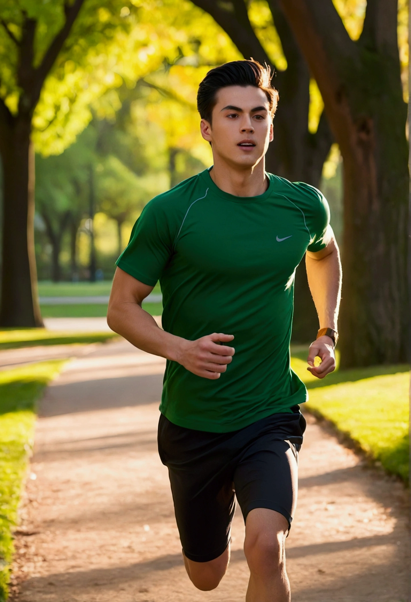 A captivating photograph of a 25-year-old handsome young man, with dark hair, running gracefully through a picturesque park duringthe golden hour. His facial expression is neutral, showcasing his focus and determination. Clad in sportswear, he wears a green t-shirt, black pants, and black sneakers, blending seamlessly with the natural environment. The scene is bathed in warm sunlight, with rays reflecting off his face and casting long shadows on the ground. The park is lush with trees, winding paths, and an air of tranquility.