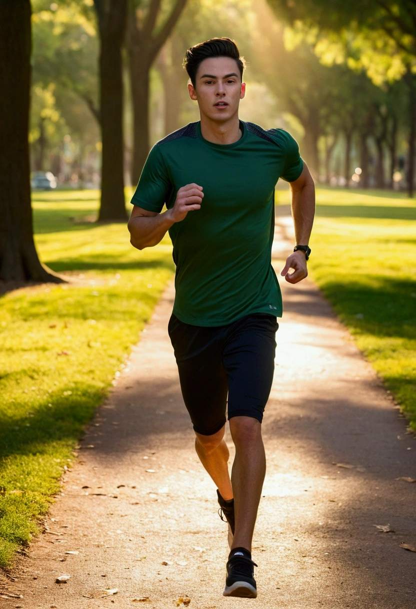 A captivating photograph of a 25-year-old handsome young man, with dark hair, running gracefully through a picturesque park duringthe golden hour. His facial expression is neutral, showcasing his focus and determination. Clad in sportswear, he wears a green t-shirt, black pants, and black sneakers, blending seamlessly with the natural environment. The scene is bathed in warm sunlight, with rays reflecting off his face and casting long shadows on the ground. The park is lush with trees, winding paths, and an air of tranquility.