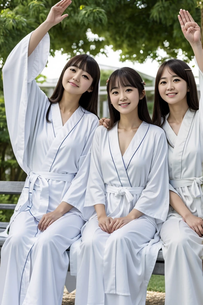 several people sitting on a bench with their hands in the air, wearing a white hospital gown, wearing white robe, junki ito, full body close-up shot, koju morimoto, wearing a white robe, full body shot close up, close up half body shot, nanae kawahara, mao hamaguchi, close full body shot, nishimiya shouko