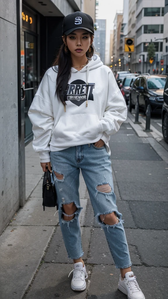 A stunning Asian woman confidently sporting a trendy streetwear outfit, complete with a stylish oversized hoodie, ripped jeans, and fashionable sneakers. Her look is accentuated by bold accessories, like a snapback cap and statement jewelry, blending urban edge with contemporary flair.