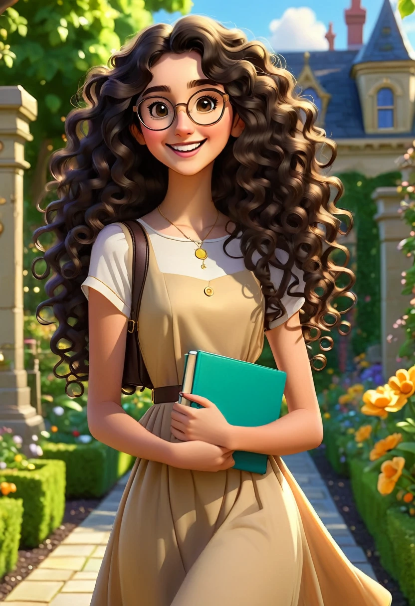 an 18 year old, tall lean brunette, long black curly hair to the waist, eyes browns, large bronze square metal glasses, notebooks in hands side bag, long dress garden background joyful expression, cartoon pixar style