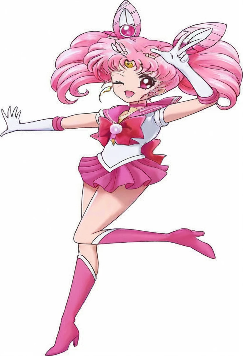 sailor girl in a pink dress and white top with a pink hair, sailor moon!!!!!!!!, the sailor moon. beautiful, pink iconic character, by Sailor Moon, sailor moon style, magical girl anime mahou shojo, inspired by Sailor Moon, pose(arms up + happy), style of magical girl, humanoid pink female squid girl, anime pose, shining pink armor