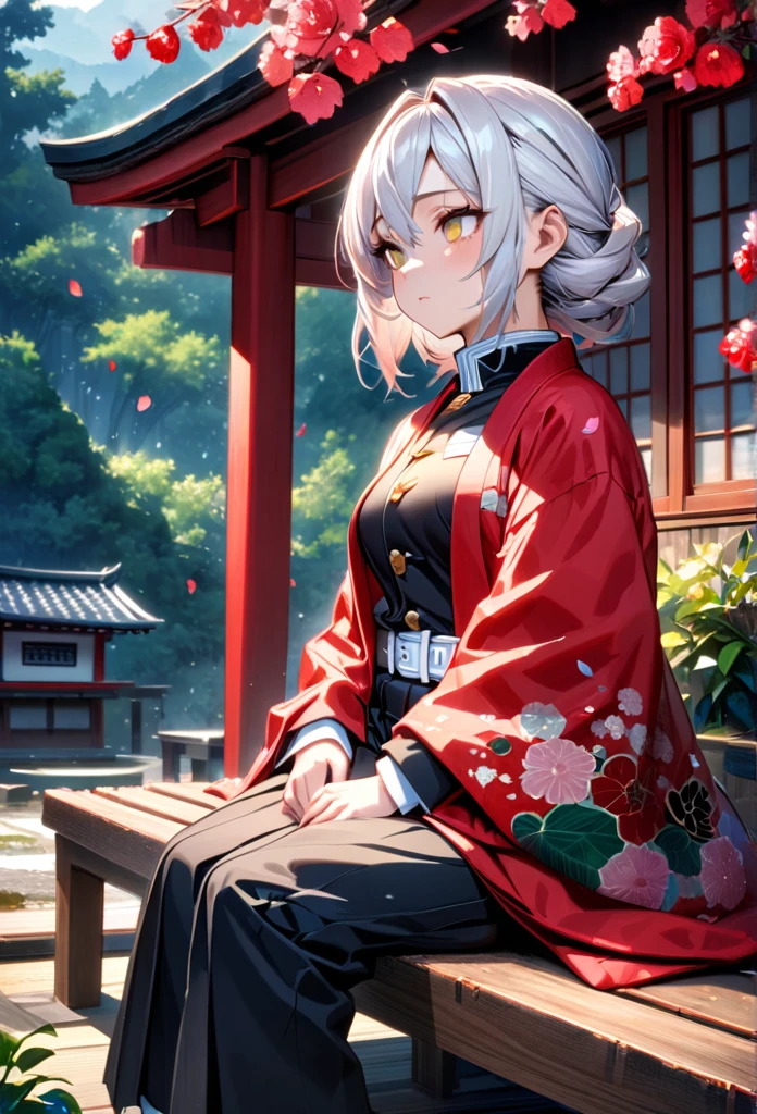 Ultra detailed, high resolution, absurd, HDR, masterpiece, anime girl, beautiful woman, long white hair with red streaks, expressive yellow eyes, red haori, black demon slayer uniform, wearing black pants,Kimetsu No Yaiba, fantasy , petals, red flowers, beautiful, woman sitting alone on a wooden bench, alone, afternoon, sun, forest next to a Japanese house, best quality, extremely detailed face and eyes, expressionless, apathetic, dark circles under the eyes of someone who hasn't slept