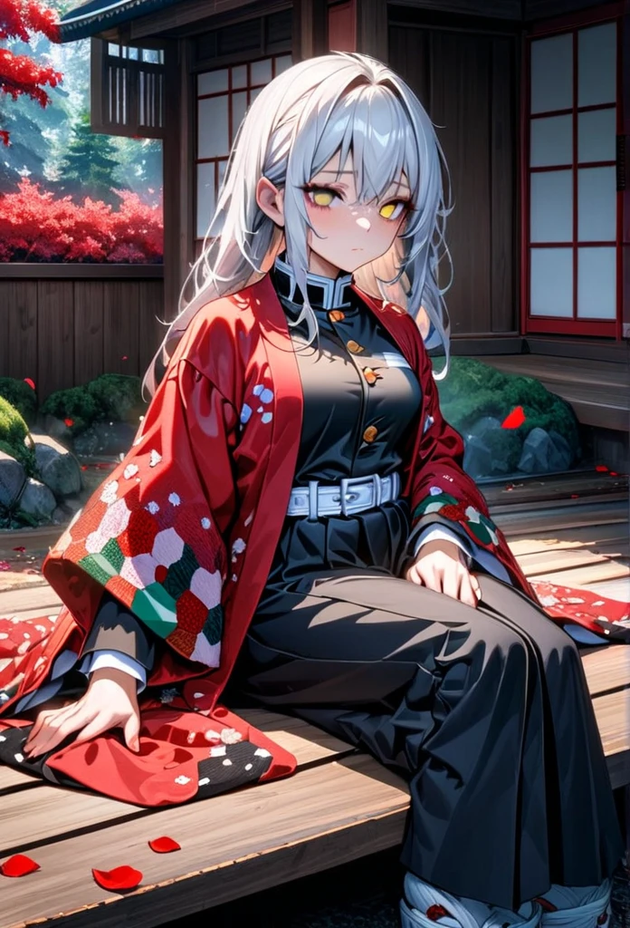 Ultra detailed, high resolution, absurd, HDR, masterpiece, anime girl, beautiful woman, long white hair with red streaks, expressive yellow eyes, red haori, black demon slayer uniform, wearing black pants,Kimetsu No Yaiba, fantasy , petals, red flowers, beautiful, woman sitting alone on a wooden bench, alone, afternoon, sun, forest next to a Japanese house, best quality, extremely detailed face and eyes, expressionless, apathetic, dark circles under the eyes of someone who hasn't slept