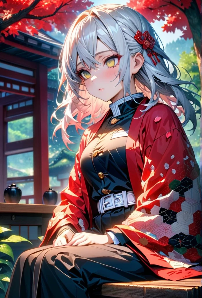 Ultra detailed, high resolution, absurd, HDR, masterpiece, anime girl, beautiful woman, long white hair with red streaks, expressive yellow eyes, red haori, black demon slayer uniform, wearing black pants,Kimetsu No Yaiba, fantasy , petals, red flowers, beautiful, woman sitting alone on a wooden bench, alone, afternoon, sun, forest next to a Japanese house, best quality, extremely detailed face and eyes, expressionless, apathetic, dark circles under the eyes of someone who hasn't slept