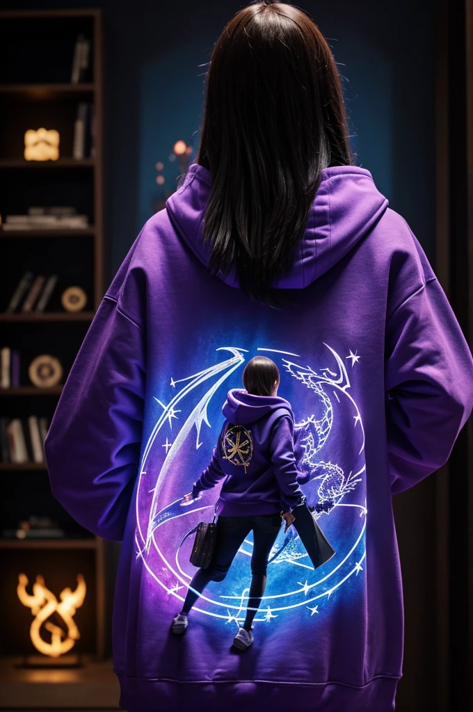 Girl from the back whose face cannot be seen holding a wizard symbol and a purple and blue sweatshirt with the figure of a dragon, gamer and gaming video creator, sparks and lights like a magical world 