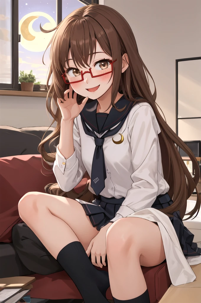 Highest quality, masterpiece, High resolution, alone, {full moon_Fleet Collection:1.15}, Long Hair, Brown Hair, Glasses, brown_eye, red-framed_Glasses, semi-rimless_Glasses, Crescent Moon, black_Seraphim, blush, Under Rim_Glasses, One girl, Closed_eye, Open_mouth, School_uniform, (indoor, office, living room), , blackスカート, ^_^, eggplant, smile