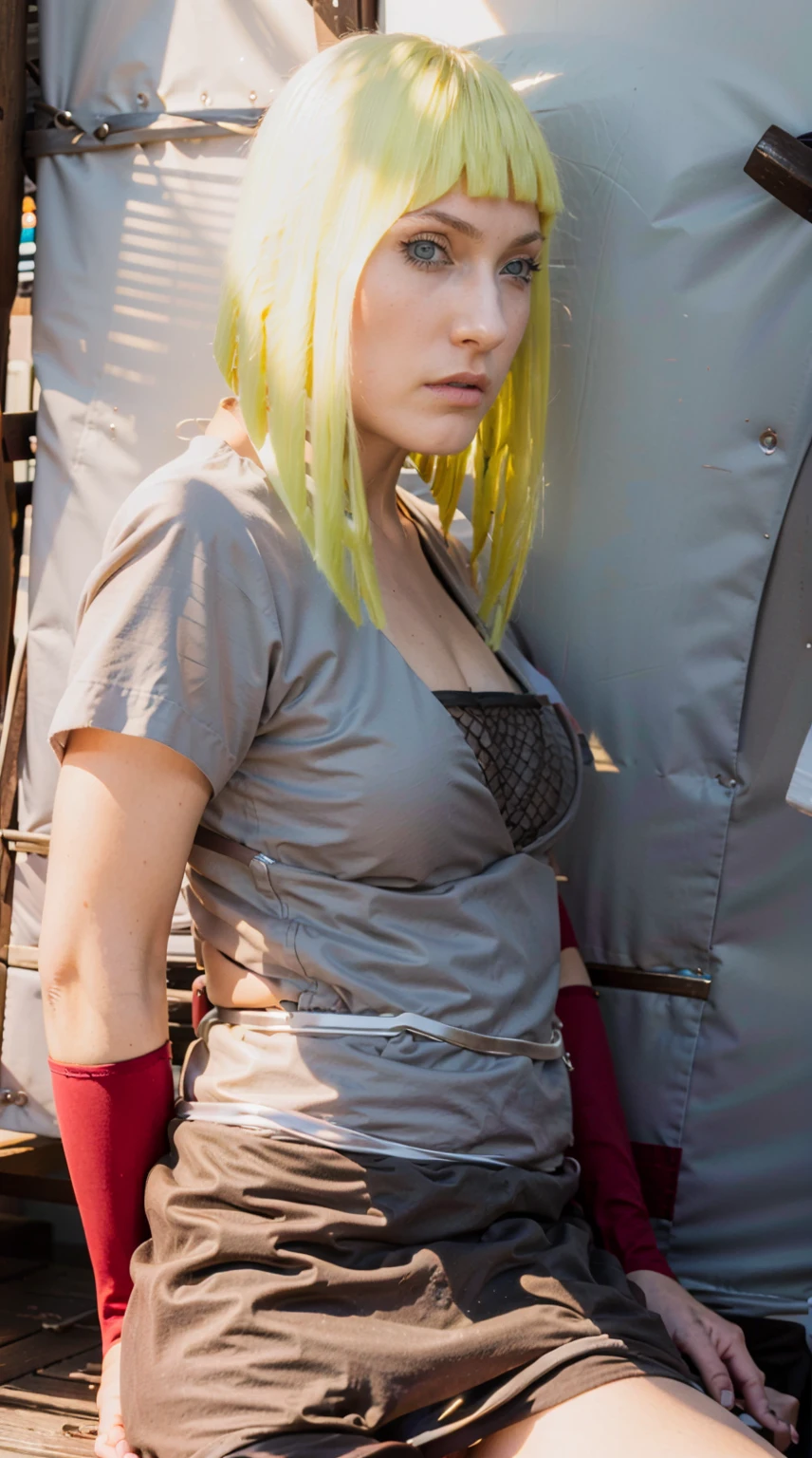 Masterpiece, Best quality,, (photorealistic1.4), (UHD), (epiCRealLife), (flashphoto),, (photorealistic1.4), (blonde hair Keira Knightley), (outdoor), (big breasts), (cleavage), (NarutoSamui costume), (Keira Knightley in a Japanese temple), (night time), (beautiful landscape), (samui black kimono), (red arm vambraces), (Samui White Waist Pad),(cowboy shots), (Keira Knightley look at viewers), (samui, blue eyes, short hair, bangs, blunt bangs, fishnets, dress, grey dress, skirt, grey skirt, (looking at viewers), (Keira Knightley sitting on rock), (look at viewers), (close up)