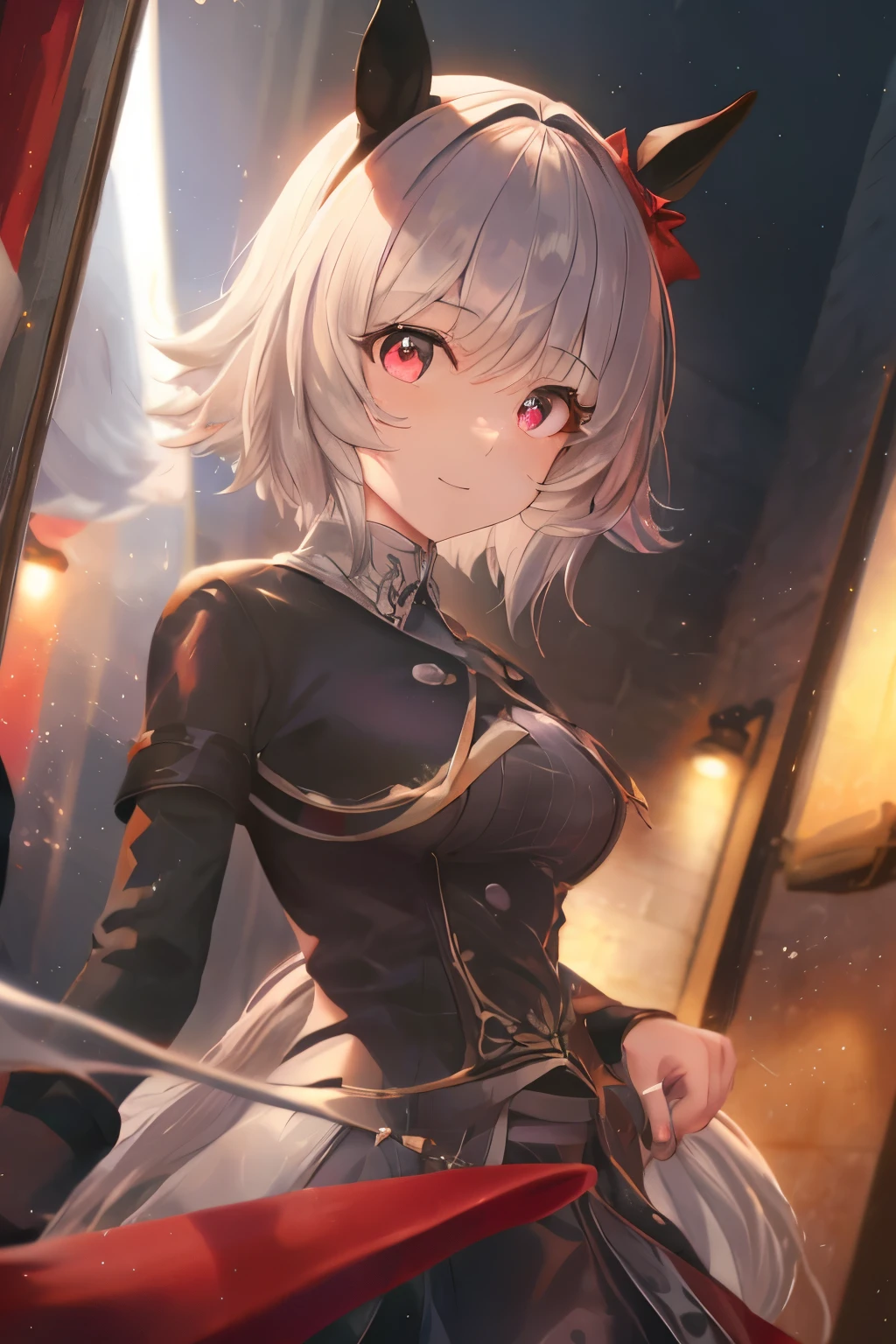 (Tabletop.Highest quality).(Dynamic Angle). (Amazingly detailed CG paintings),(Perfect Image)、Comic Strip.shape.One Girl.Detailed face、Perfect Face.Delicate face、Girl in delicate clothes、Textured skin、Gray Hair.length、(Horse-eared girl)Horse-eared girl、((Beautiful red eyes)).Delicate and beautiful eyes、The eyes are detailed、Reflective Eyes、Watery eye、smile.(Gazing at the audience:1.3).(Face is a little red:0.8)、8k wallpaper、Cowboy Shot、reflected light、Attention to detail、Complex、Delicate background、Textured skin、Detailed skin、(Ultra-high resolution)、