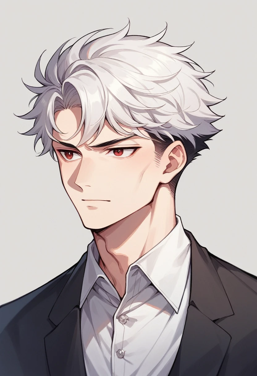 A boy with short white hair., Red eyes, pale skin, elegant, attractive, wearing a loose white shirt. ((High anime quality)), ((suave))