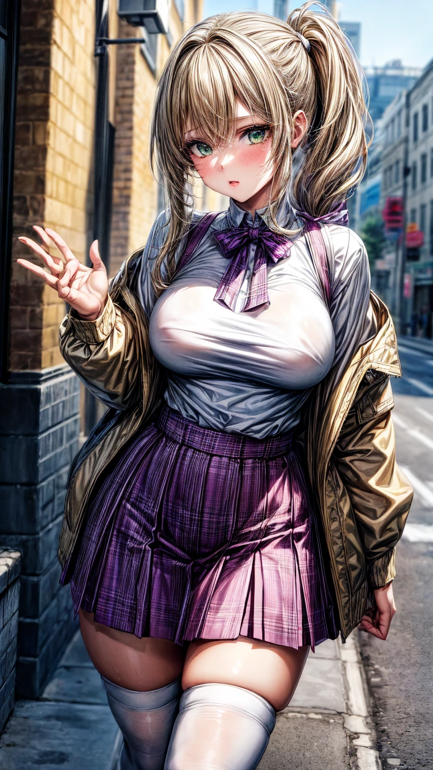 1girl,masterpiece,best quality,blonde hair,(ponytails),green eyes,(white stockings),(purple plaid skirt),short skirt,standing,in full length,medium breasts,white t shirt,in front of streets,extremely detailed,[[realistic]],beautiful alluring anime teen,seductive anime girl,waving skirt