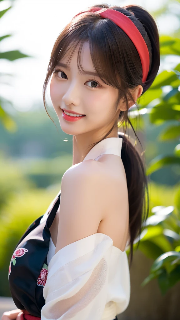 (8k, raw, masterpiece: 1.5), (professional photograph, sharp: 1.2), (natural sun light), (soft shadow), (photorealistic: 1.4), perfect dynamic composition, (1 girl), (Ultra-detailed face and skin), gorgeous face, perfectly proportioned face, dark brown eyes, round eyes, beautiful eyes, glossy eyes, high nose bridge, blush, plump lips, really moist skin, white skin, (delicate skin:1.4), (latex skin:0.4), (perfect glowing skin:0.6), (black colored ponytail hair, bangs), (hourglass figure), (large breast: 1), Refined expression, smile gently at the camera, looking at camera, silver necklace, (red headband), (green yukata)