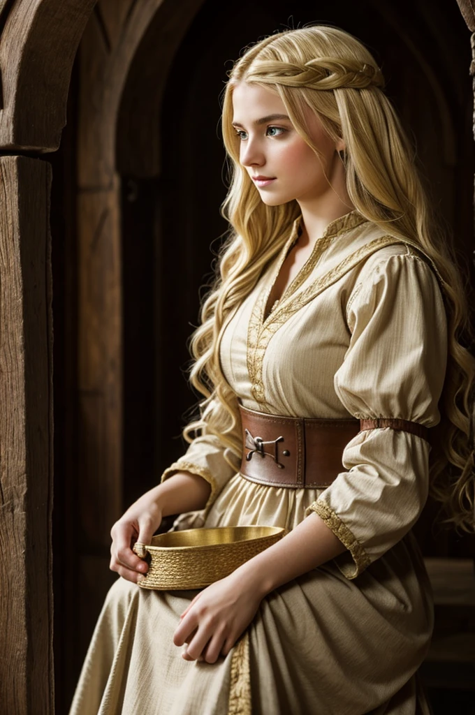Setting set in medieval times.
Beautiful young adult woman, in medieval peasant clothes with blonde hair