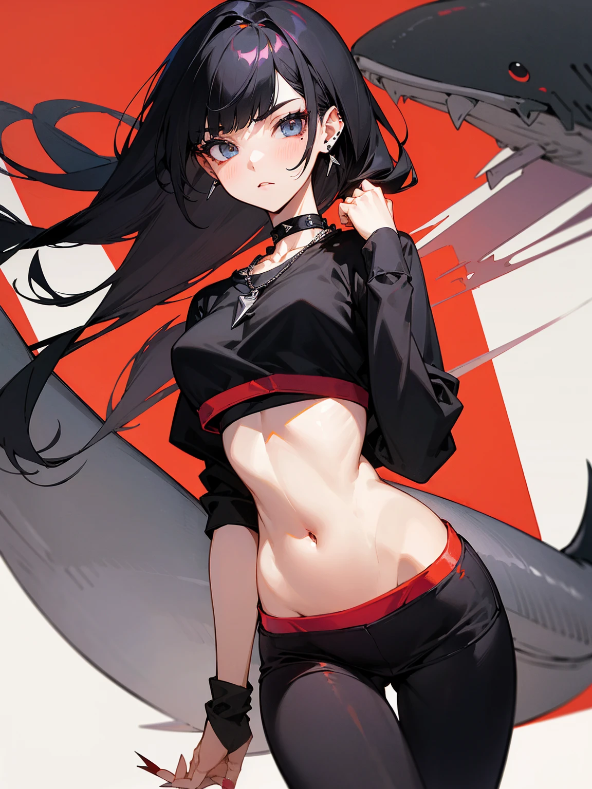 ((Long Straight Black hair)), Perfect face, Choker, Punk earrings, ((Tall)), ((High Quality)), Necklace, ((Mature)), Pretty Eyes, Sharp Nails, Bangs, ((1 Girl)), ((Multiple Earrings)), 1 girl, Spiky Earrings, Adult, Spiked Collar, Thin Eyelashes, Plain Background, Red Colors in Background, Shark Girl, Long Tail, Large Tail, Massive Tail, Shark Tail, ((Sweatpants)), ((Loose Crop Top)), Close Up, Very Short Mini Skirt, Tall, Long Legs, Dynamic Pose, Black Tail, 2 moles under left eye, Wide Hips, Pantyhose, Vibrant Colors, Close Up,