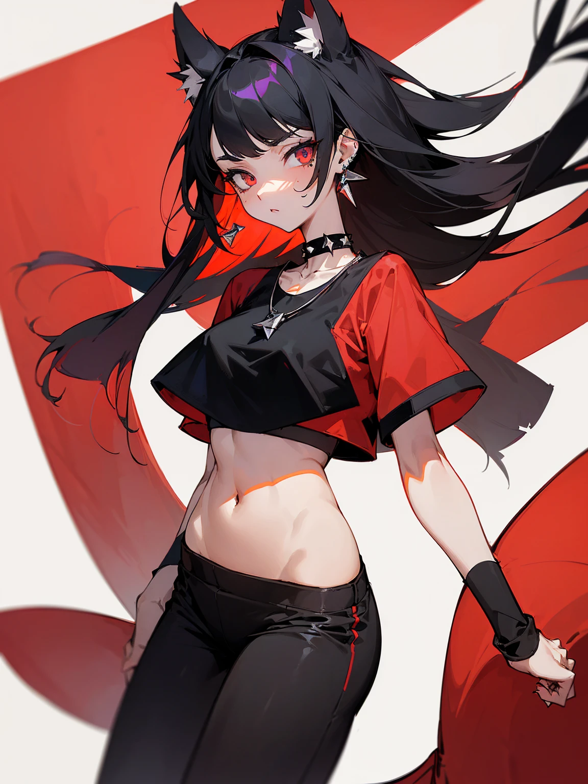 ((Long Straight Black hair)), Perfect face, Choker, Punk earrings, ((Tall)), ((High Quality)), Necklace, ((Mature)), Pretty Eyes, Sharp Nails, Bangs, ((1 Girl)), ((Multiple Earrings)), 1 girl, Spiky Earrings, Adult, Spiked Collar, Thin Eyelashes, Plain Background, Red Colors in Background, Shark Girl, Long Tail, Large Tail, Massive Tail, Shark Tail, ((Sweatpants)), ((Loose Crop Top)), Close Up, Very Short Mini Skirt, Tall, Long Legs, Dynamic Pose, Black Tail, 2 moles under left eye, Wide Hips, Pantyhose, Vibrant Colors, Close Up,