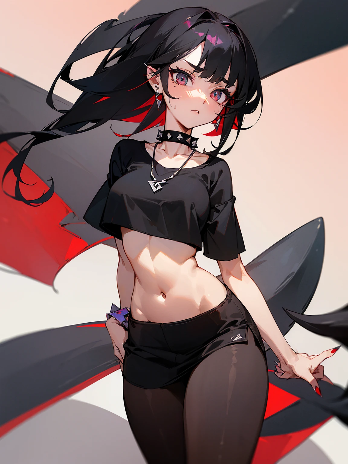 ((Long Straight Black hair)), Perfect face, Choker, Punk earrings, ((Tall)), ((High Quality)), Necklace, ((Mature)), Pretty Eyes, Sharp Nails, Bangs, ((1 Girl)), ((Multiple Earrings)), 1 girl, Spiky Earrings, Adult, Spiked Collar, Thin Eyelashes, Plain Background, Red Colors in Background, Shark Girl, Long Tail, Large Tail, Massive Tail, Shark Tail, ((Sweatpants)), ((Loose Crop Top)), Close Up, Very Short Mini Skirt, Tall, Long Legs, Dynamic Pose, Black Tail, 2 moles under left eye, Wide Hips, Pantyhose, Vibrant Colors, Close Up,