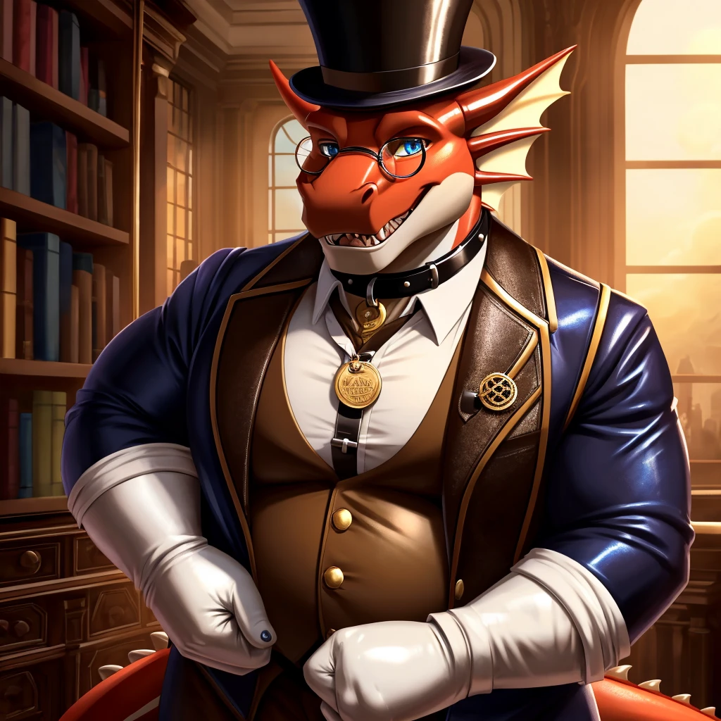 Solo, Male, fat, extremely obese, gentleman, dapper Professor Dragon, blue eyes, (posing:1.3), (soft shading), 4k, hi res, ((detailed face, detailed)), looking at viewer, mouth wide open, steampunk, collared shirt with buttons, top hat, male focus, Explorer Outfit, glasses, monocle, vest with buttons, sleeves rolled up, round eyewear, brown headwear, brown vest, Dragon is wearing a glossy leather dog collar around the neck, Dragon is wearing the leather collar and shirt and vest at the same time, Dragon is wearing glossy white rubber gloves on the hands, wearing white rubber gloves on the feet, gloves are rubber in texture, clenching teeth, clenching fists, leather collar is glossy and shiny with a lot of detail, Dragon is wearing gloves and leather collar at the same time, leather collar has a round dog-tag, leather collar is thick and detailed, leather collar is glossy and shiny, fancy clothing, dapper vest, dapper shirt, leather collar is thick, glossy leather collar.