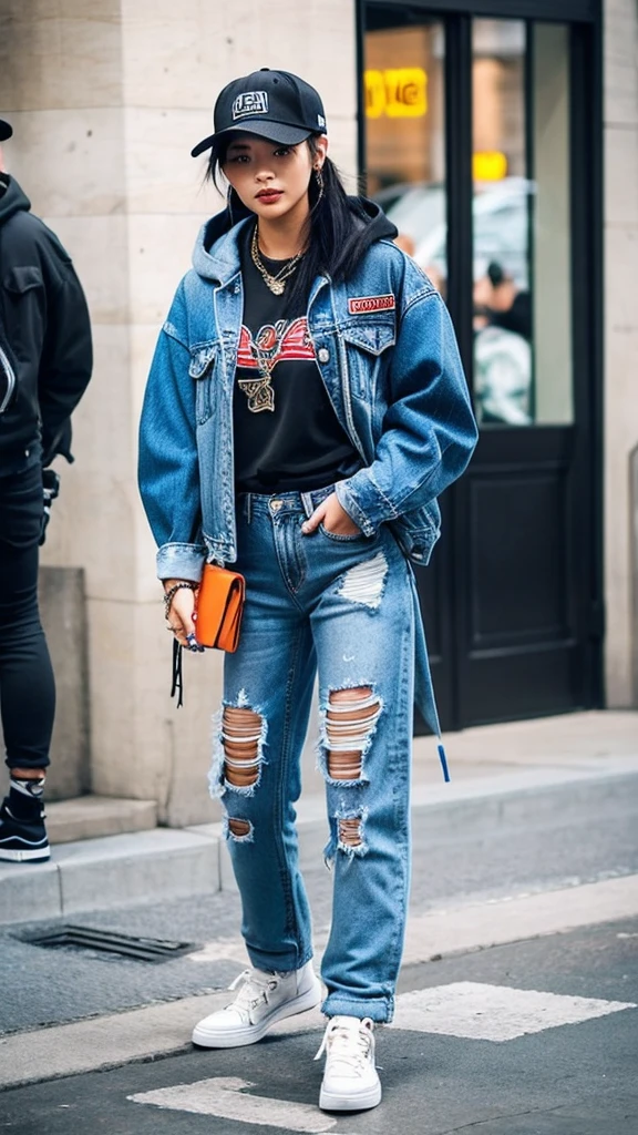 A stunning Asian woman confidently sporting a trendy streetwear outfit, complete with a stylish oversized hoodie, ripped jeans, and fashionable sneakers. Her look is accentuated by bold accessories, like a snapback cap and statement jewelry, blending urban edge with contemporary flair.
