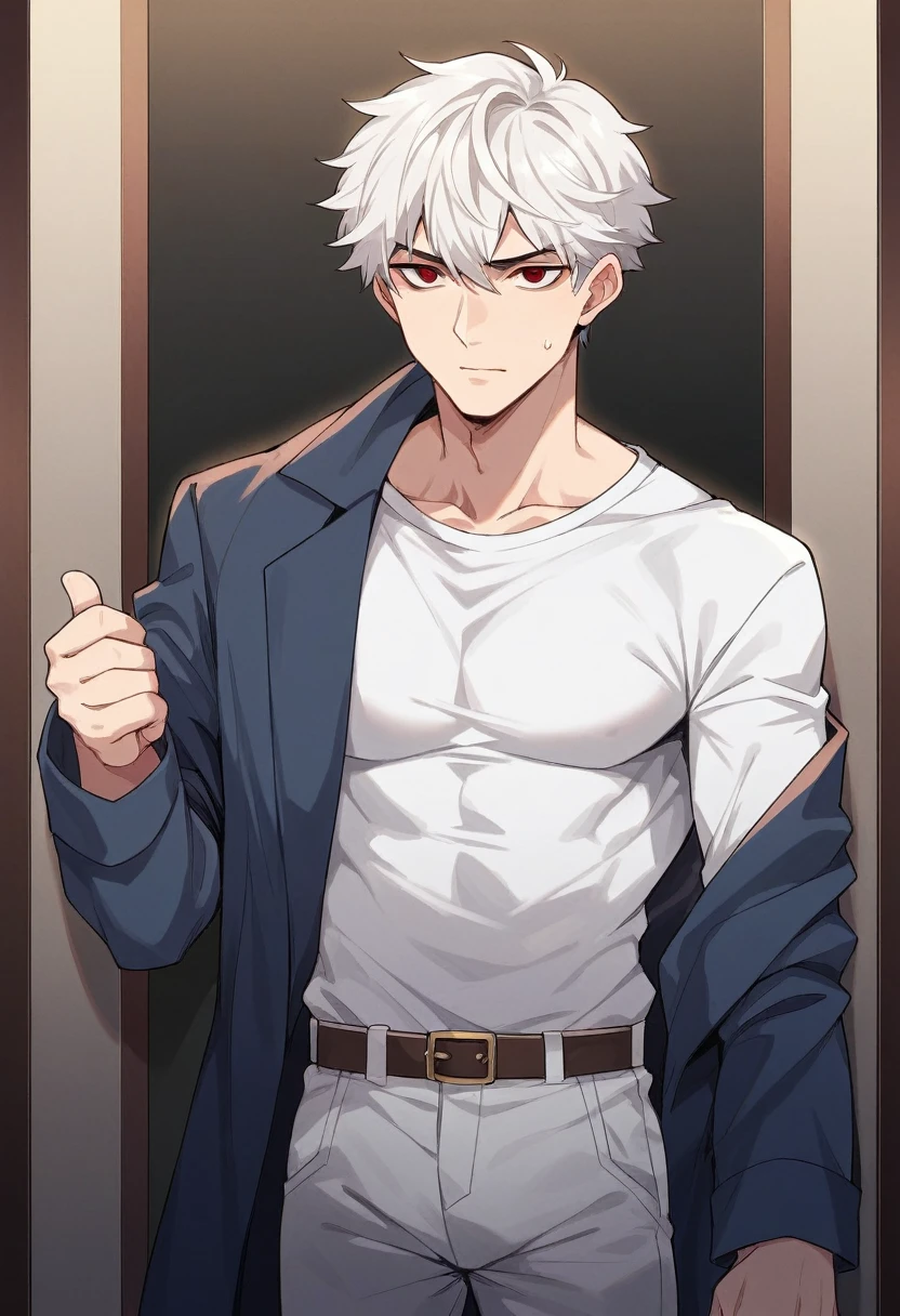 A boy with short white hair.., Red eyes, pale skin, elegant, attractive, wearing a loose white shirt. ((High anime quality)), ((suave))