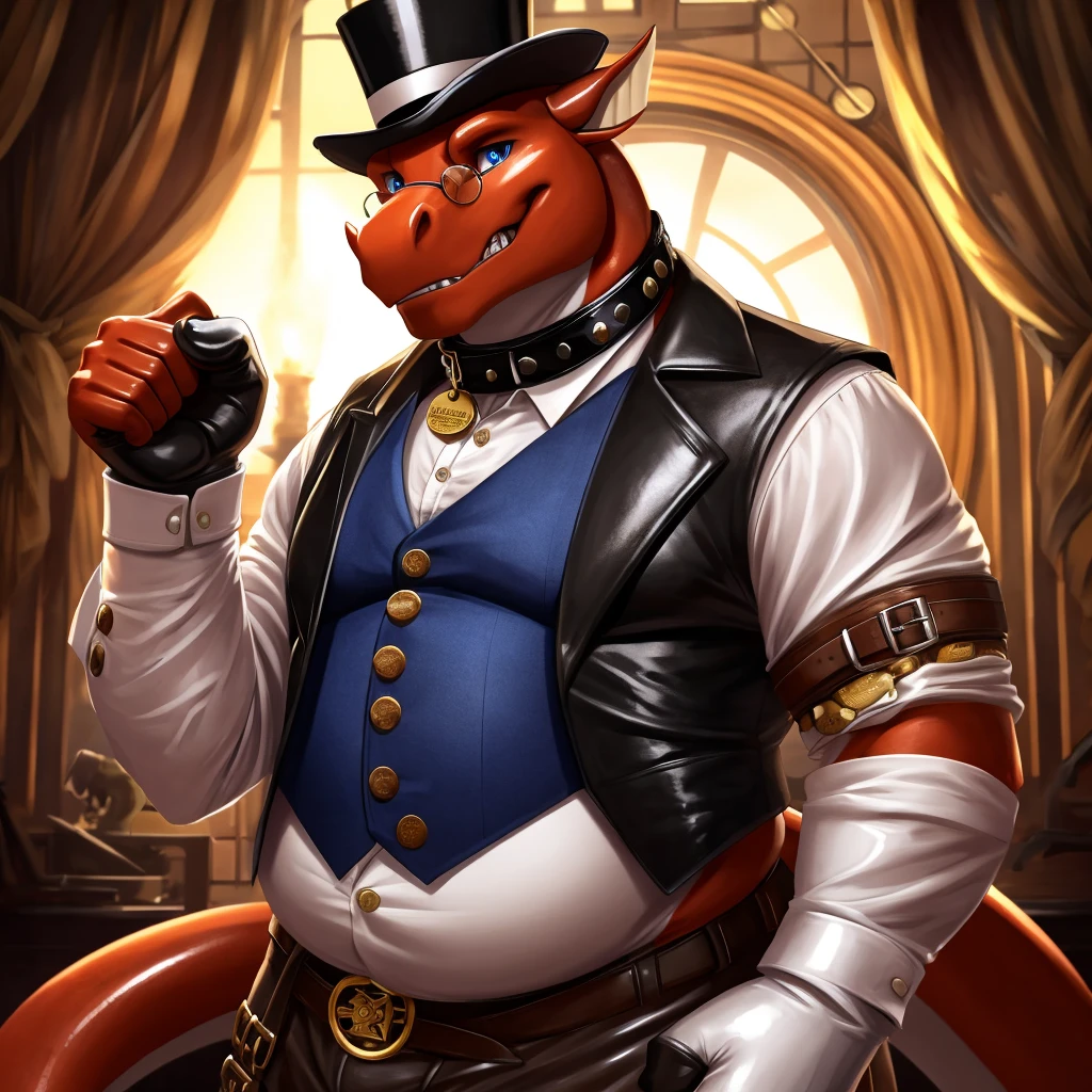 Solo, Male, fat, extremely obese, gentleman, dapper Professor Dragon, blue eyes, (posing:1.3), (soft shading), 4k, hi res, ((detailed face, detailed)), looking at viewer, mouth wide open, steampunk, collared shirt with buttons, top hat, male focus, Explorer Outfit, glasses, monocle, vest with buttons, sleeves rolled up, round eyewear, brown headwear, brown vest, Dragon is wearing a glossy leather dog collar around the neck, Dragon is wearing the leather collar and shirt and vest at the same time, Dragon is wearing glossy white rubber gloves on the hands, wearing white rubber gloves on the feet, gloves are rubber in texture, clenching teeth, clenching fists, leather collar is glossy and shiny with a lot of detail, Dragon is wearing gloves and leather collar at the same time, leather collar has a round dog-tag, leather collar is thick and detailed, leather collar is glossy and shiny, fancy clothing, dapper vest, dapper shirt, leather collar is thick, glossy leather collar.