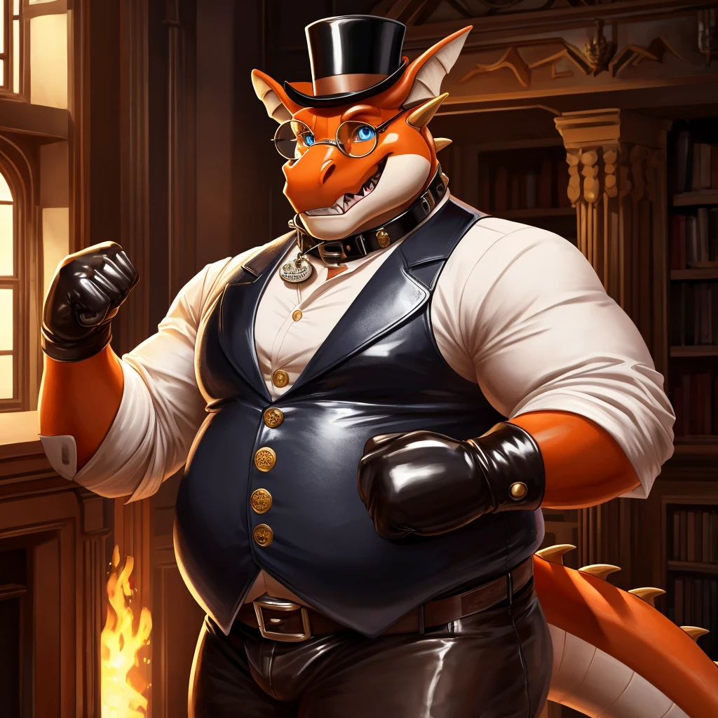 Solo, Male, fat, extremely obese, gentleman, dapper Professor Dragon, blue eyes, (posing:1.3), (soft shading), 4k, hi res, ((detailed face, detailed)), looking at viewer, mouth wide open, steampunk, collared shirt with buttons, top hat, male focus, Explorer Outfit, glasses, monocle, vest with buttons, sleeves rolled up, round eyewear, brown headwear, brown vest, Dragon is wearing a glossy leather dog collar around the neck, Dragon is wearing the leather collar and shirt and vest at the same time, Dragon is wearing glossy white rubber gloves on the hands, wearing white rubber gloves on the feet, gloves are rubber in texture, clenching teeth, clenching fists, leather collar is glossy and shiny with a lot of detail, Dragon is wearing gloves and leather collar at the same time, leather collar has a round dog-tag, leather collar is thick and detailed, leather collar is glossy and shiny, fancy clothing, dapper vest, dapper shirt, leather collar is thick, glossy leather collar.