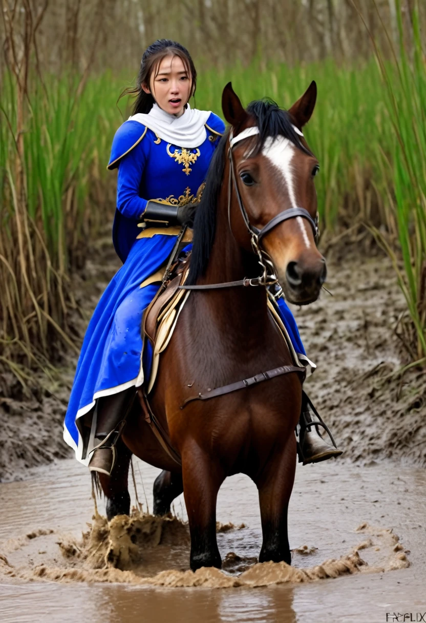 (((masterpiece))),(((Highest quality))),((Tabletop:1.4, Highest quality)), (Realな写真:1.4), in the muddy river,dirty swamp,horse ridden by girl fall over swamp,Sweaty girl,
((1 cute girl knight)),rodeo,horse standing,Surprised face,stumble,aggressive,slouch,horse standing, prancing horse in pitfall,cute,Napoléon horse sliped in pitfall,in the pitfall,Uplifting,Knight Princess,
(超High resolution:1.2),, wonderful, Very detailed CG Unity 8k wallpaper, Very detailed, High resolution,fat horse ridden by japanese girl,Double,Royal blue armor, cape and crown,Soaking in the swamp,Mud Splash,
Soft Light, Beautiful detailed girl, Droopy eyes,Very detailedな目と顔, Beautiful and exquisite nose, Beautiful and exquisite, horse ridden by a girl can't stand up because its drowned in the sticky muddy pitfall:10.0 ,Displeased face:4.0,Real,Stir,Anatomically correct,action horse riding scene while struggle fighting