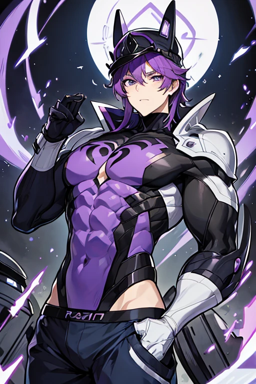 muscular robot man, PURPLE HAIR, black cap, purple eyes, gay