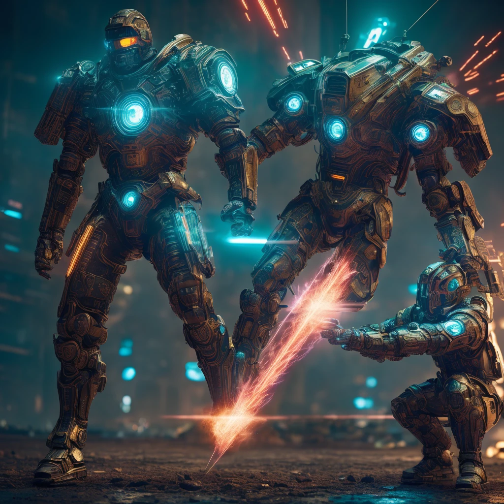a heroic warrior defending earth with his powerful AI abilities, intricate cyberpunk armor, glowing energy weapons, advanced futuristic technology, dramatic lighting, cinematic composition, vibrant colors, photorealistic, (best quality,4k,8k,highres,masterpiece:1.2),ultra-detailed,(realistic,photorealistic,photo-realistic:1.37)