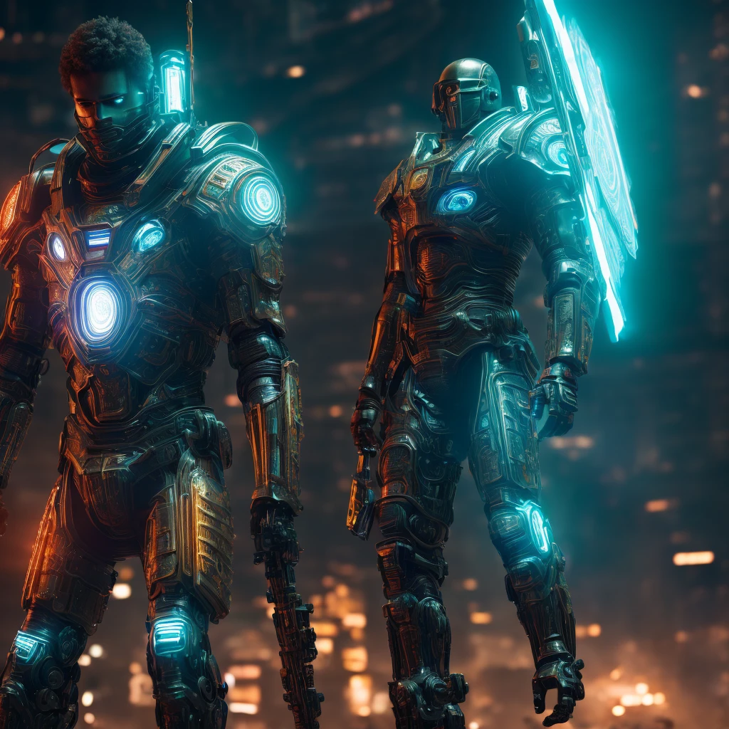 a heroic warrior defending earth with his powerful AI abilities, intricate cyberpunk armor, glowing energy weapons, advanced futuristic technology, dramatic lighting, cinematic composition, vibrant colors, photorealistic, (best quality,4k,8k,highres,masterpiece:1.2),ultra-detailed,(realistic,photorealistic,photo-realistic:1.37)